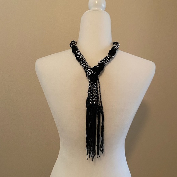 Two Pack Crocheted Beaded Necklace/Belt Jewelry Black/Silver and Blue/Silver - Picture 9 of 14